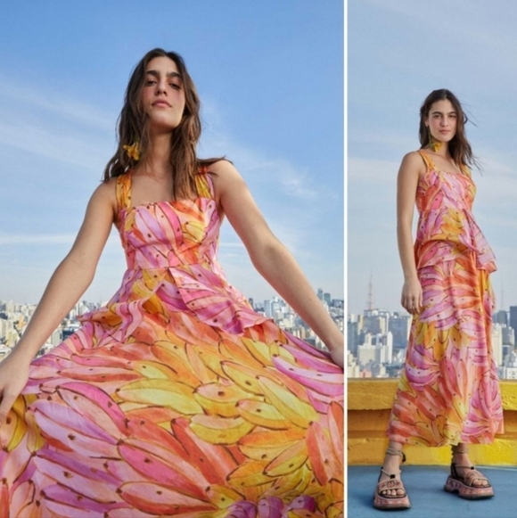 FARM RIO Nwot Ombre Bananas Crossed Back Square Neck Maxi Dress XS Women's - Picture 2 of 15